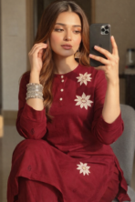 Noor Maroon Embroidered Co-Ord Set - Image 7