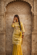 Gulbahar Mustard Embroidered Kurta Sharara Set