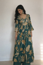 Inaaya Teal Green Floral Printed Anarkali Kurta with Palazzo Pants