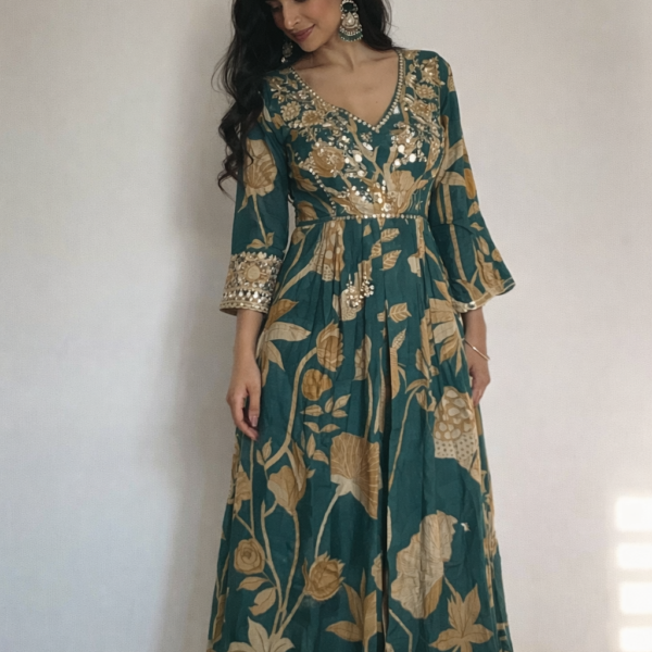 Inaaya Teal Green Floral Printed Anarkali Kurta with Palazzo Pants