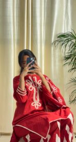 Rangrez Traditional Red Kurta Palazzo Set with Dupatta - Image 4